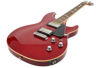 Glossy red electric guitar with chrome hardware positioned on a neutral background, ideal for music themes