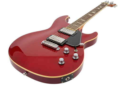 Glossy red electric guitar with chrome hardware positioned on a neutral background, ideal for music themes