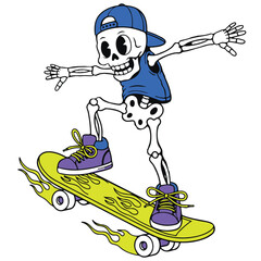 Cartoon Skeleton Skateboarding on Flaming Skateboard Vector Illustration