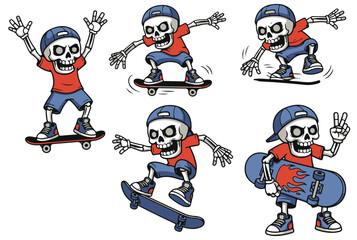 Cool skeleton skateboarding cartoon vector illustration with flaming skateboard