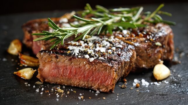 Perfectly cooked steak with rosemary and garlic on a dark surface, a culinary masterpiece that tantalizes the senses