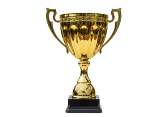 Golden trophy on a black base, symbolizing victory in a competitive event, isolated on white background