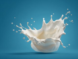 Dynamic milk splash against blue background capturing fluid motion