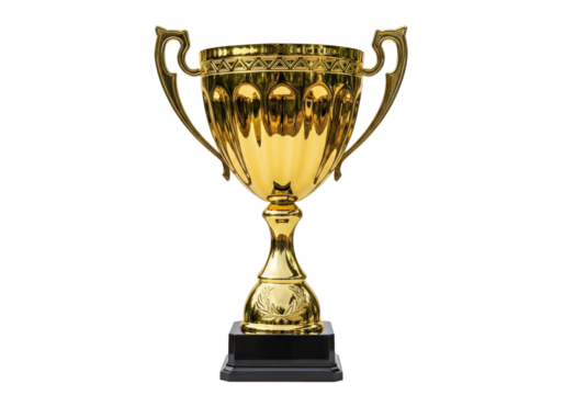 Golden trophy on a black base, symbolizing victory in a competitive event, isolated on white background