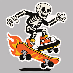 Cartoon Skeleton Skateboarding on Flaming Skateboard Vector Illustration