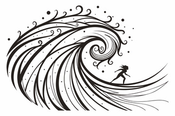 Stylized silhouette of a surfer riding a swirling wave