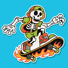 Cartoon Skeleton Skateboarding on Flaming Skateboard Vector Illustration