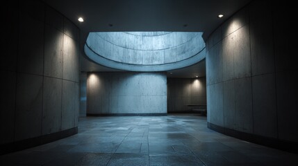 Modern concrete corridor with circular skylight and ambient lighting