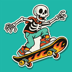Cartoon Skeleton Skateboarding on Flaming Skateboard Vector Illustration