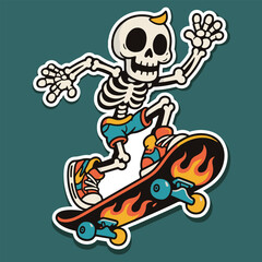 Cartoon Skeleton Skateboarding on Flaming Skateboard Vector Illustration