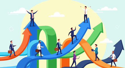 Fototapeta premium Business People Climbing Upward Arrows Representing Career Growth.