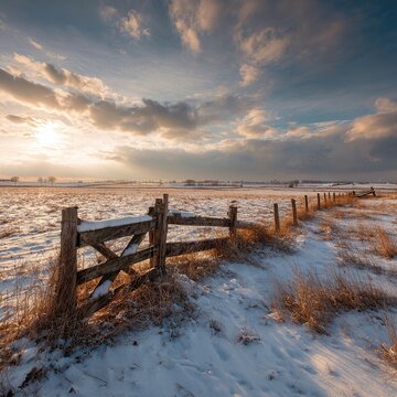 Realistic 16:9 Winter Countryside Panorama, Snow-Covered Old Wooden Fence, Golden Sunlight Penetrating Clouds, Serene Rural Landscape Composition