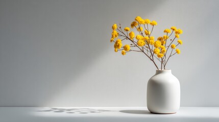 Minimalist white vase with bright yellow flowers on sunlit surface © Atmospheric stock