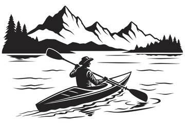 Silhouette of a person kayaking on a lake with mountains and trees in the background