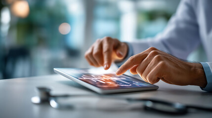 A medical specialist reviews digital diagnostics on a tablet electronic records glowing a stethoscope on the desk symbolizing health tech innovation digital diagnostics health