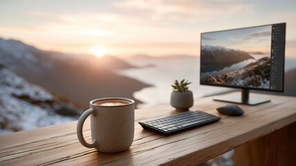 Sunrise workspace: cozy desk setup with coffee overlooking mountain lake