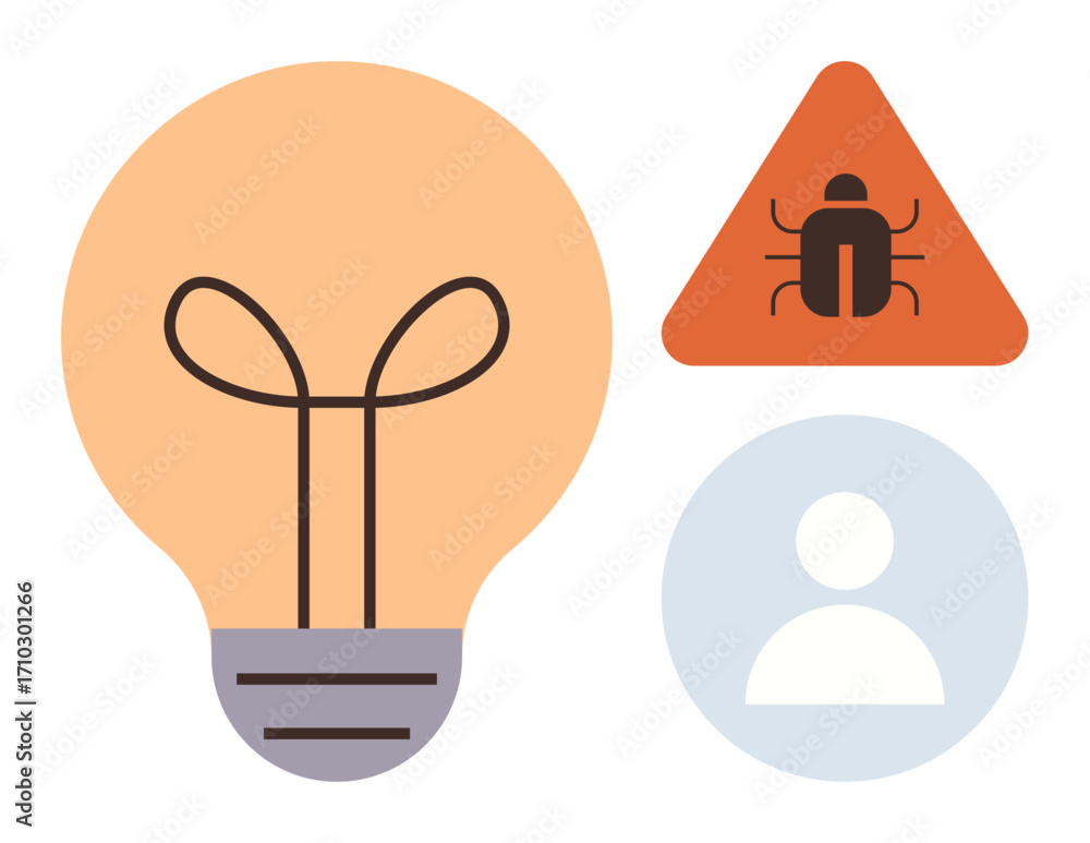 Aufkleber light bulb for ideas, warning triangle with bug for caution or troubleshooting, user profile silhoue