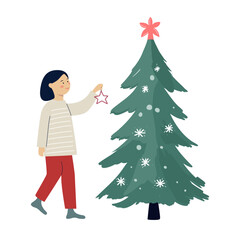 Holiday season child. Girl hanging decorations on christmas tree. Flat modern style festive illustration