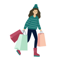 Christmas shopping woman. Pastel outfit with gifts in bags. Flat modern illustration in holiday season theme