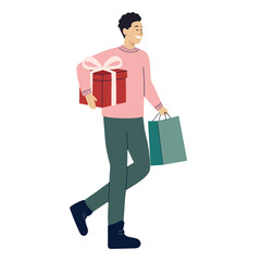 Winter christmas character. Happy man with gift box and shopping bag. Cozy pastel minimal holiday illustration