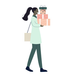 Christmas shopping woman. Pastel outfit with gifts and bag. Flat modern illustration in holiday season theme