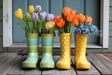 Colorful Tulips in Striped and Polka Dot Rain Boots on Porch