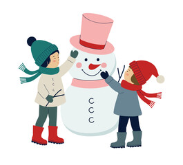 Winter season children. Kids building snowman in cozy outfits. Flat modern style festive holiday illustration