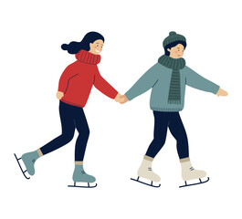 Holiday season children. Boy with girl on skates. Flat modern design of winter characters. Festive illustration
