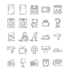 Collection of household appliances and electronic devices, outlined in a simple, clean style.