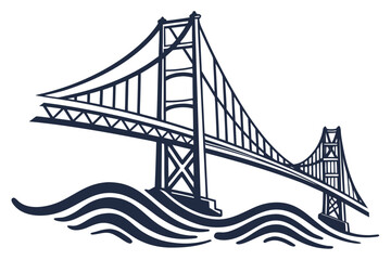 Fototapeta premium Stylized illustration of a suspension bridge over wavy water