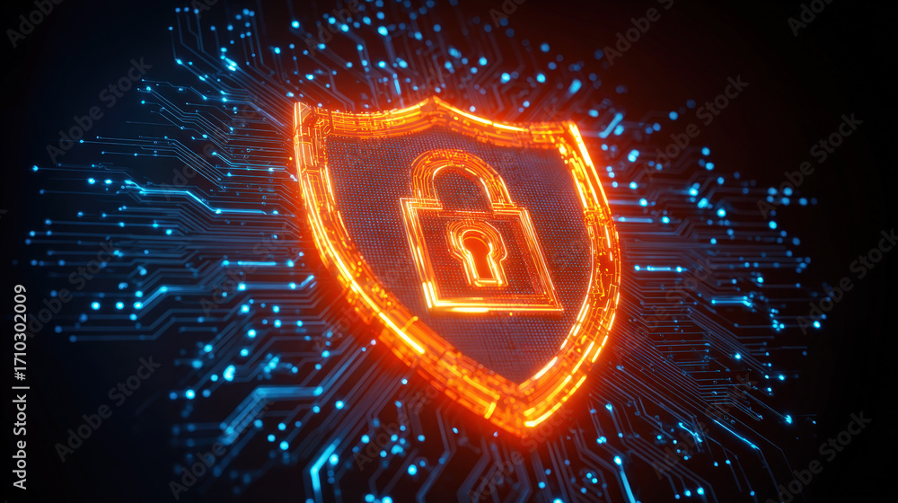 Poster digital shield with lock symbol and circuit background illustration