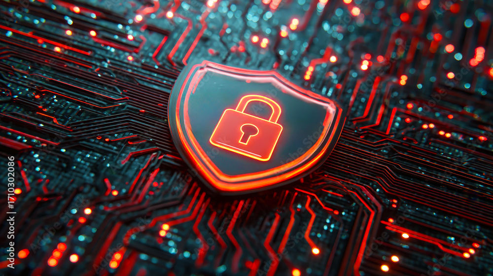 Aufkleber digital security shield with lock icon on circuit board background
