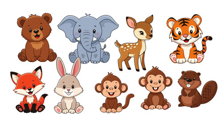 Fototapeta premium Charming collection of whimsical cartoon forest animals perfect for children's illustrations or