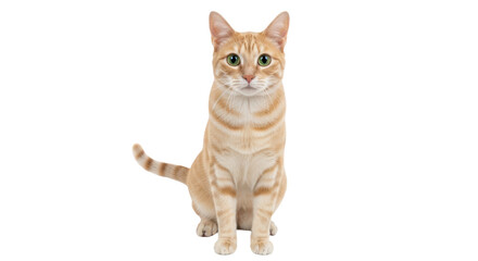Isolated orange tabby cat sitting upright looking straight ahead at camera, studio shot