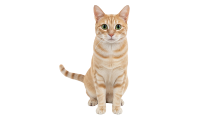Isolated orange tabby cat sitting upright looking straight ahead at camera, studio shot