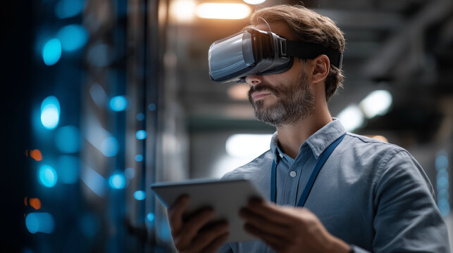 A server room worker uses VR gear to visualize server architecture AI diagnostics running on a tablet server racks humming blue LEDs casting a glow VR server visualization