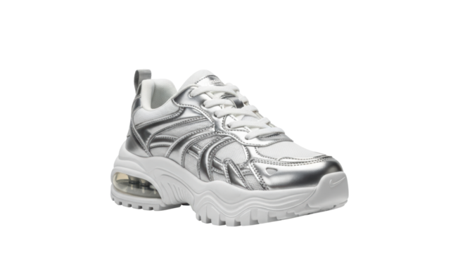 Isolated stylish silver and white sneaker for trendy active women, ready for sports trends