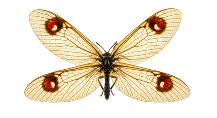 Isolated Owlfly Neuroptera with Veined Wings and Red Eye Spot Markings, a Delicate Insect