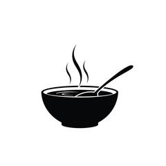 Black and white graphic of a bowl of hot soup with a spoon.