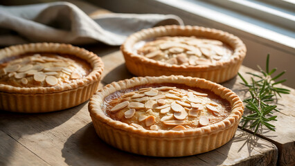 A photograph of three almond pies arranged on a rustic wooden table. Each pie boasts a flaky, golden-brown crust filled with a rich, creamy almond filling, dusted with slivered almonds. Sunlight strea
