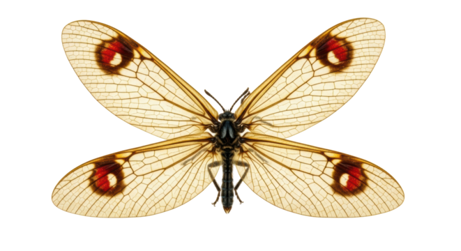 Isolated Owlfly Neuroptera with Veined Wings and Red Eye Spot Markings, a Delicate Insect
