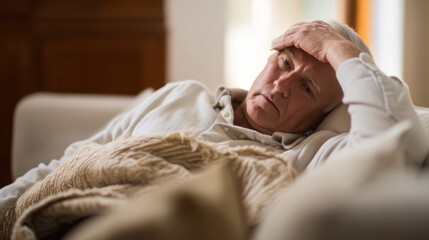 Worried senior man lying on couch at home, feeling sick with headache. unwell elderly person resting under blanket experiencing discomfort and fatigue