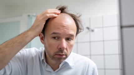 Obraz premium Sad, worried middle aged man in bathroom mirror checking his scalp for balding problem. His anxiety over hair loss and thinning hair visible concern