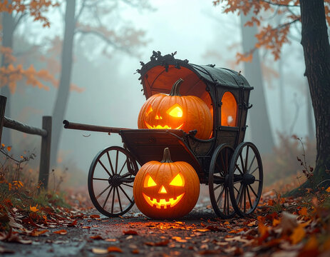 Pumpkin carriage glowing in foggy forest, fairytale meets halloween, cinematic