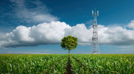Hopeful view of carbon capture tower and green tree in farmers field. sky with clouds backgrounds technology and nature concept for sustainability and future growth