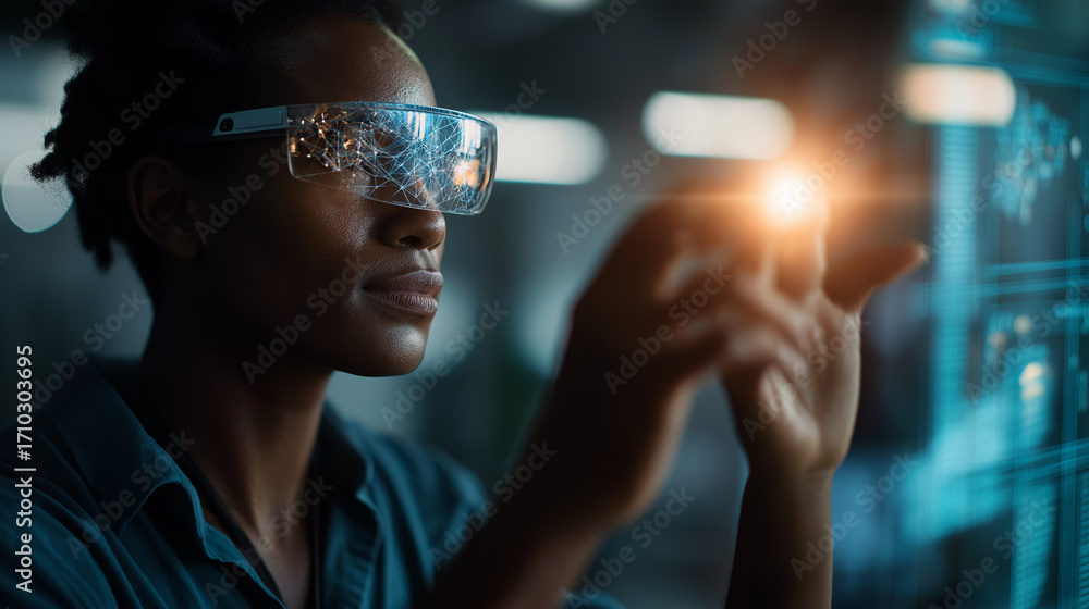 Poster an african american person uses ai and vr glasses interacting with a digital interface for deep lear