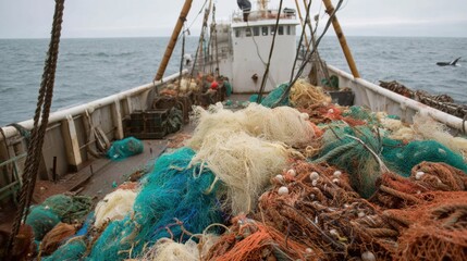 Industrial fishing trawler deck at sea with huge pile of abandoned ghost nets. This equipment causes environmental pollution, trapping marine life in vast ocean