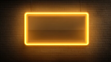 Glowing neon rectangle sign on brick wall background