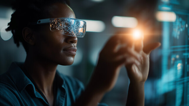 An African American person uses AI and VR glasses interacting with a digital interface for deep learning screens glowing with neural network visuals AI neural networks VR