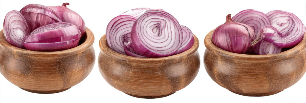 Three wooden bowls filled with sliced and whole red onions - Powered by Adobe